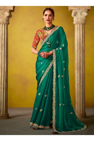 Green glass tissue sequins embroidered wedding saree with blouse 2151